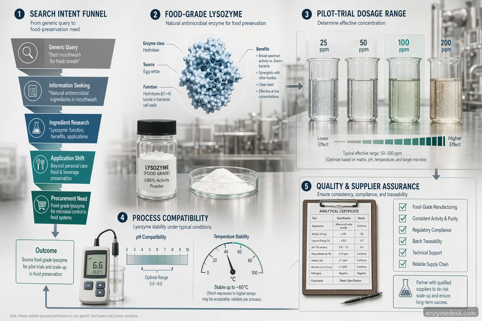 lysozyme mouthwash uk food preservation guide infographic linking search intent, dosage, pH, QC, supplier checks