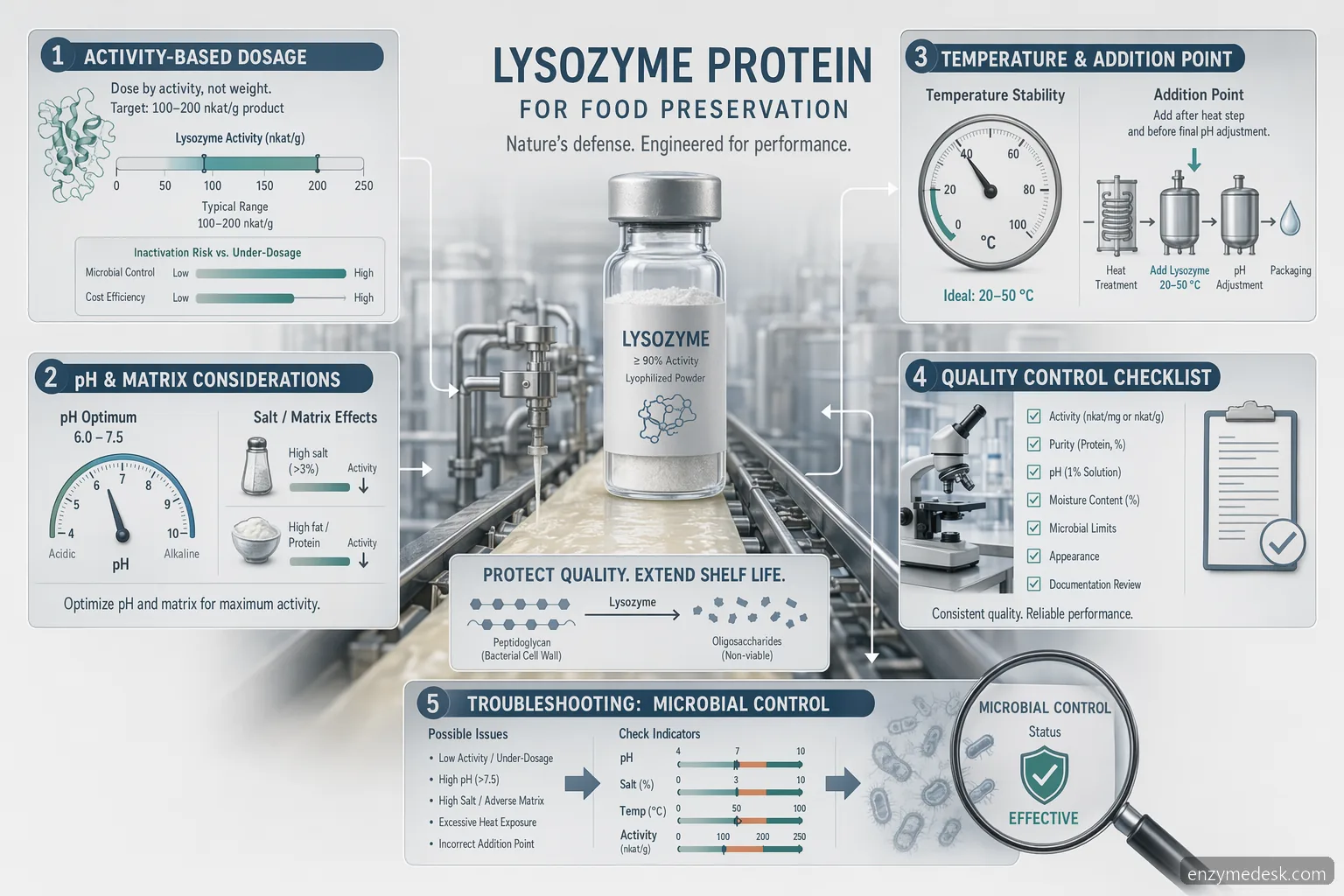Lysozyme protein food preservation guide with dosage, pH, temperature, and QC controls for manufacturers