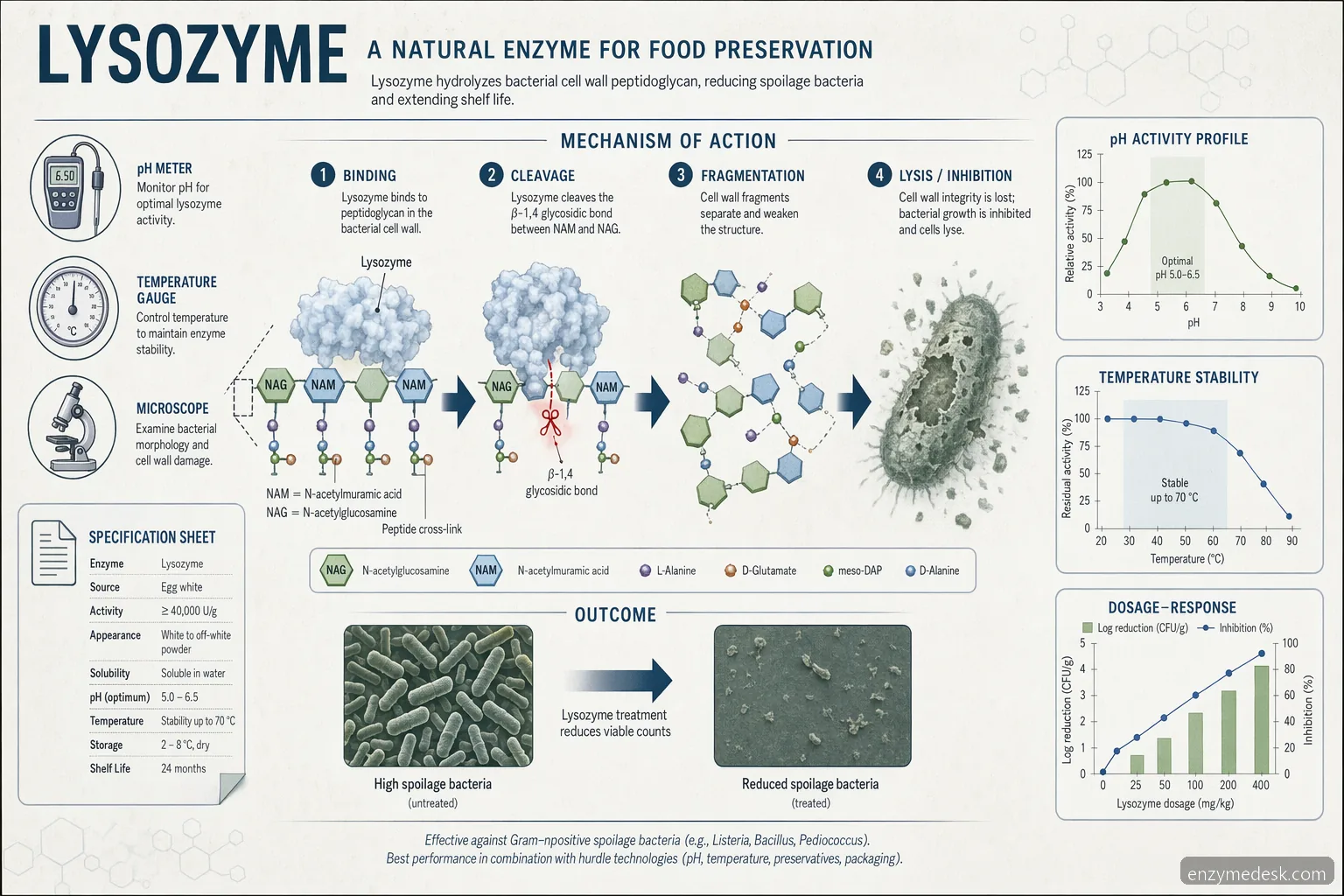 protein lysozyme process conditions diagram showing pH, temperature, dosage, and bacterial cell wall cleavage